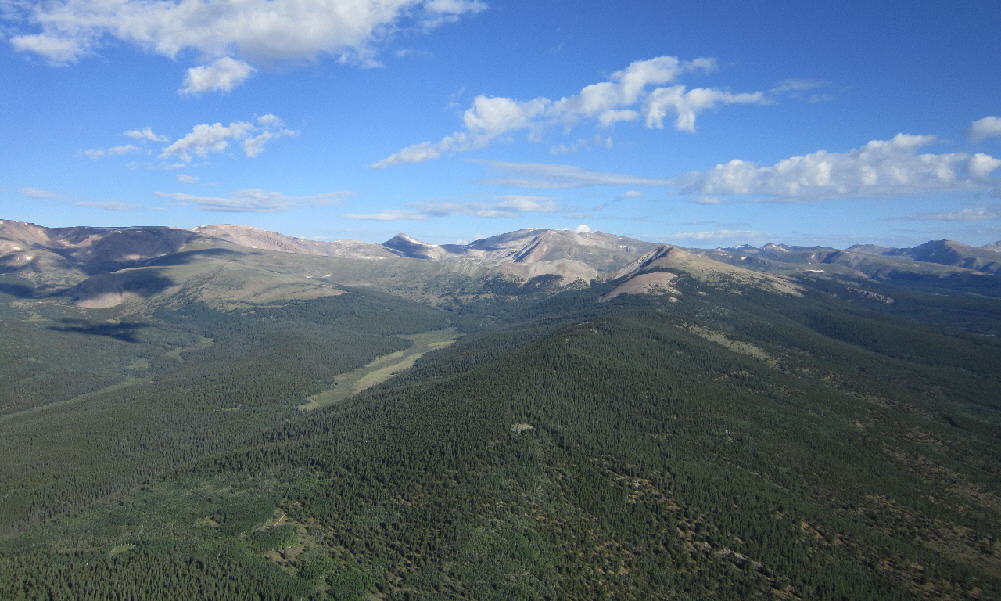 Looking northwest along the east flank of the Mosquito Range. Sheep mountain is in the foreground to the right at ~12,818 feet with mount Shrerman just behind it to it’s left with a summit at 14,036 feet. Mount Sheridan at 13, 748′ and then Horseshoe Mountain at 13,898′ are the two visible peaks to the left (south) of Mount Sherman. To the north of Mount Sherman is Gemini Peak at 13,951′
